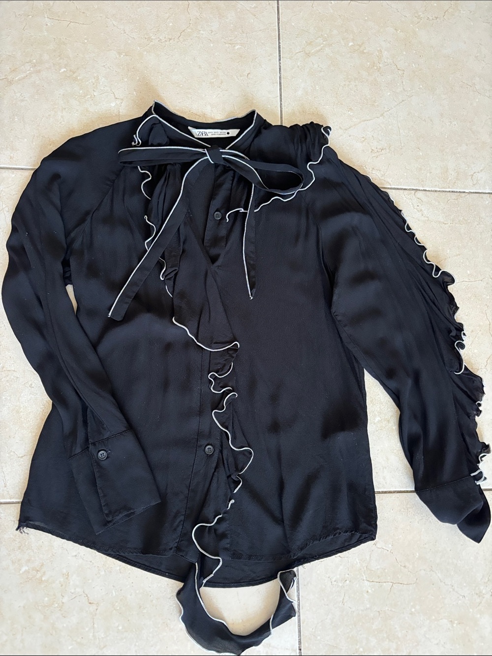 Zara Black Blouse with White-Trim Ruffle Tie